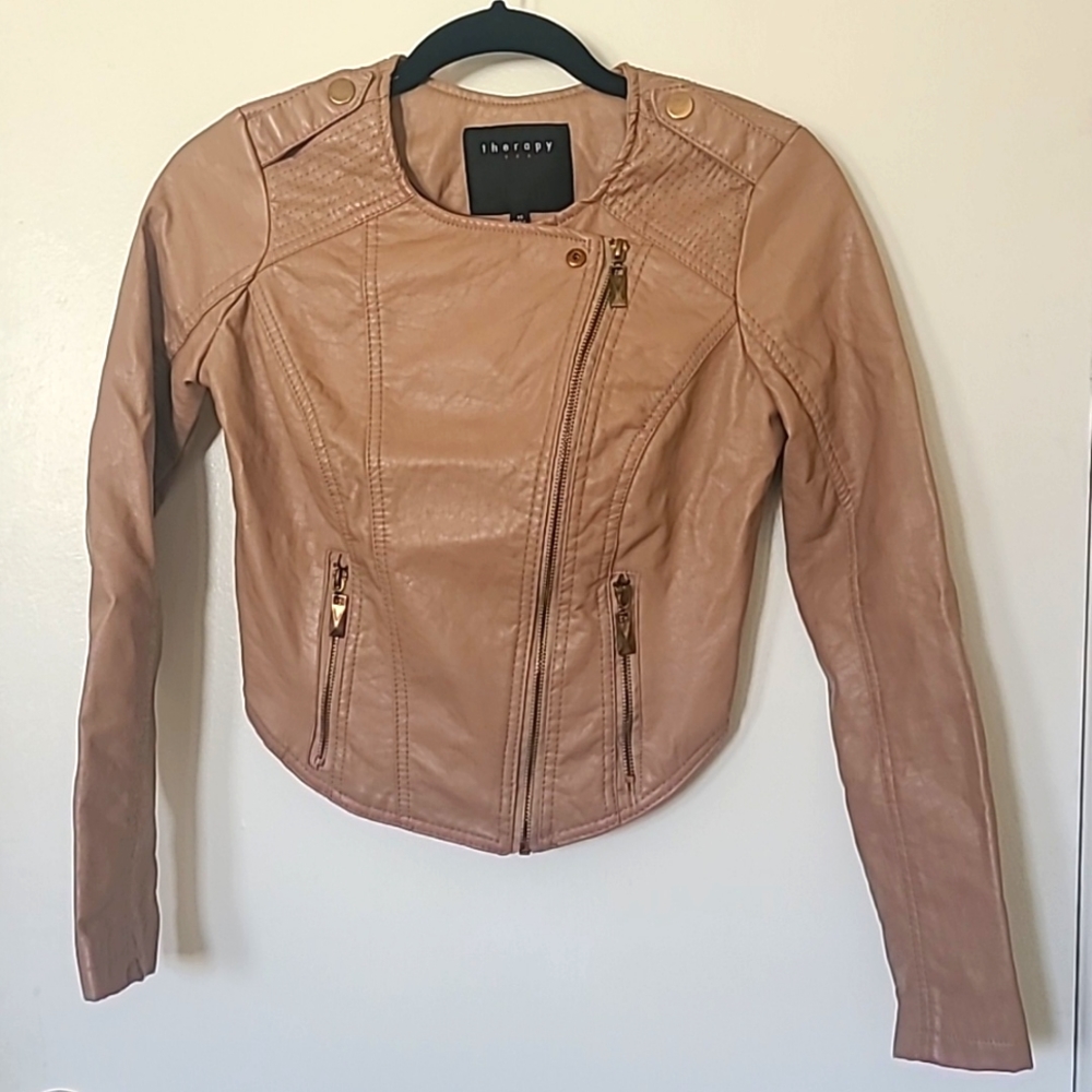 Moto Jacket, Tan Faux Leather with Brass Accents